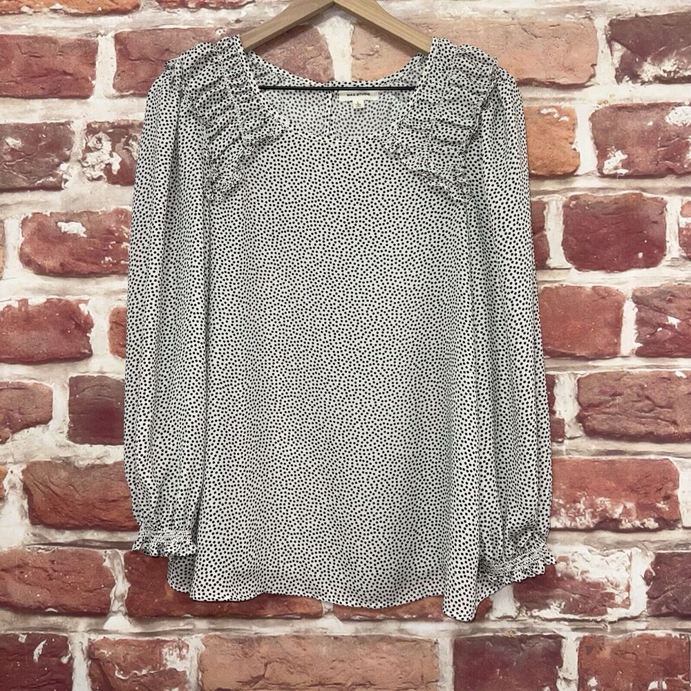 Max Studio Top Shirt Women's Large White Black Polka Dot Ruffle Popover